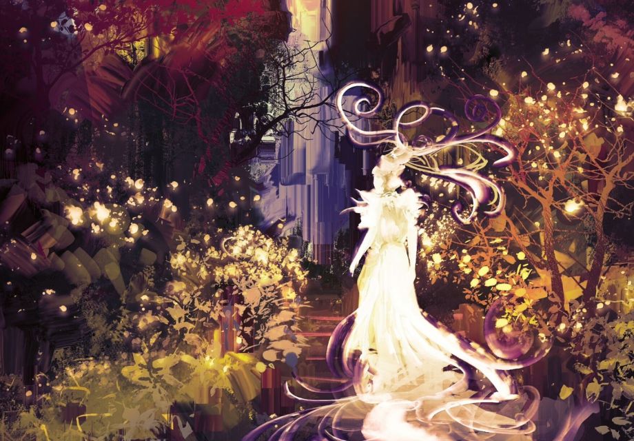 In a magical forest, a glowing female figure in fantasy robes advances to a portal.