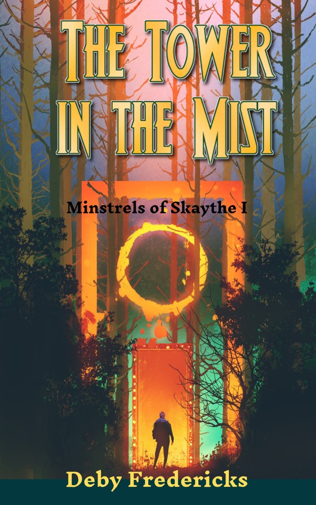 In a dark forest, a person faces a glowing doorway. Illustration by Tithi Luadthong. Book cover for The Tower in the Mist.
