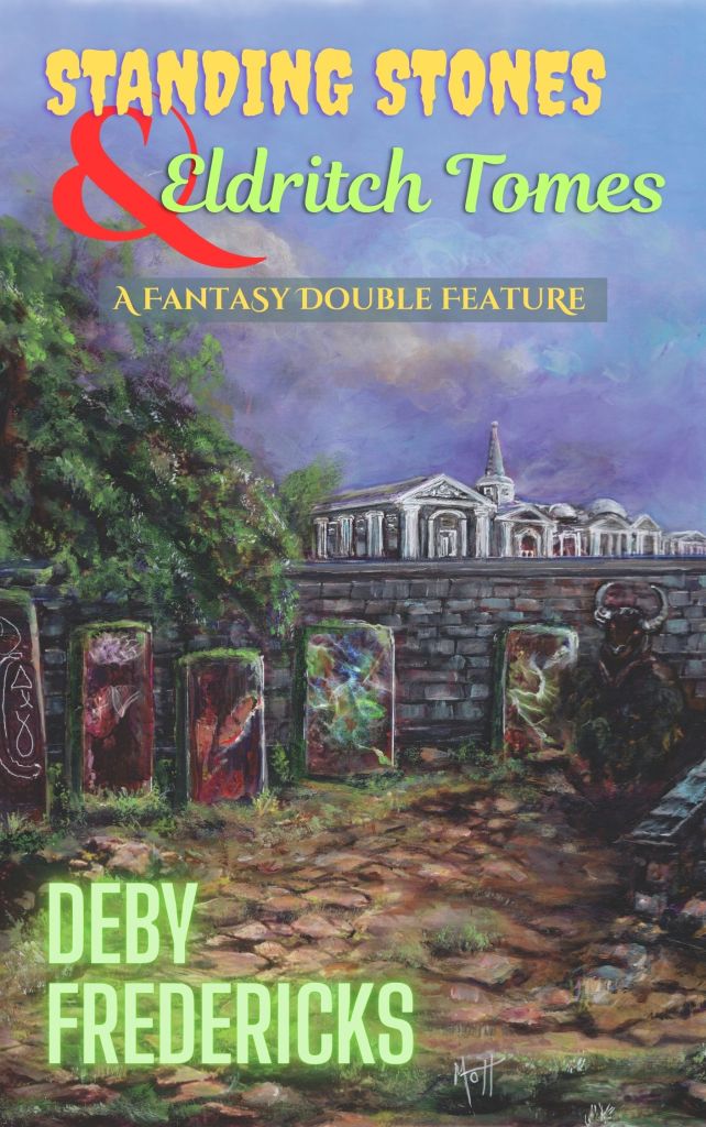 Standing Stones & Eldritch Tomes. A row of glowing columns against a gray stone wall. Trees and white buildings behind the wall. A shadowy creature lurks menacingly.