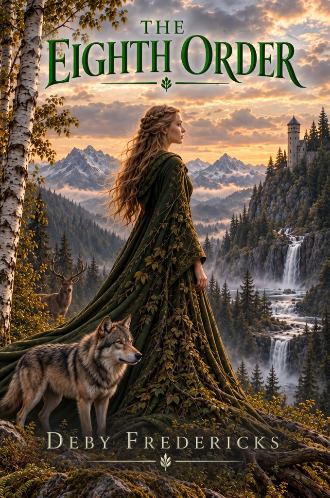 The Eighth Order by Deby Fredericks. A woman in ornate green robes stands amid a mountain landscape. A wolf is at her side.